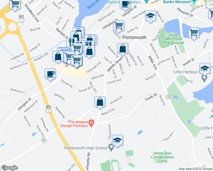 map of restaurants, bars, coffee shops, grocery stores, and more near 795 Middle Street in Portsmouth