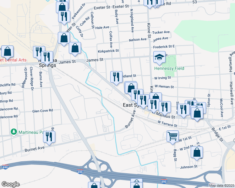 map of restaurants, bars, coffee shops, grocery stores, and more near 621 West Manlius Street in East Syracuse