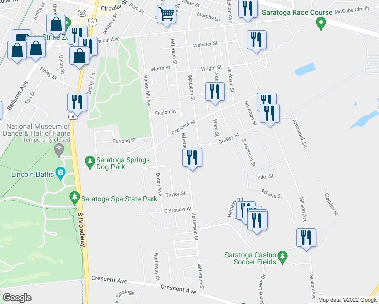 map of restaurants, bars, coffee shops, grocery stores, and more near 158 Jefferson Street in Saratoga Springs