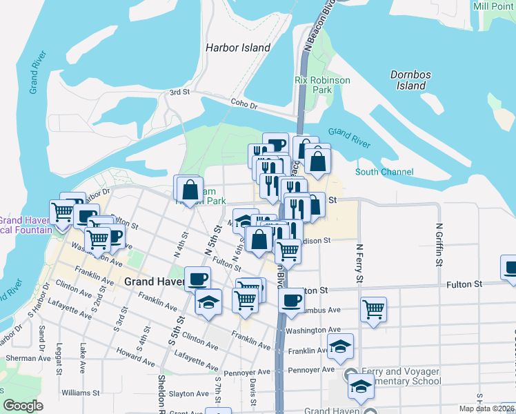 map of restaurants, bars, coffee shops, grocery stores, and more near 614 Jackson Street in Grand Haven