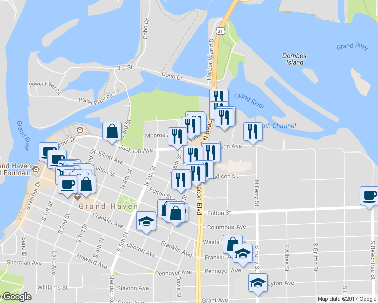 map of restaurants, bars, coffee shops, grocery stores, and more near 614 Jackson Street in Grand Haven