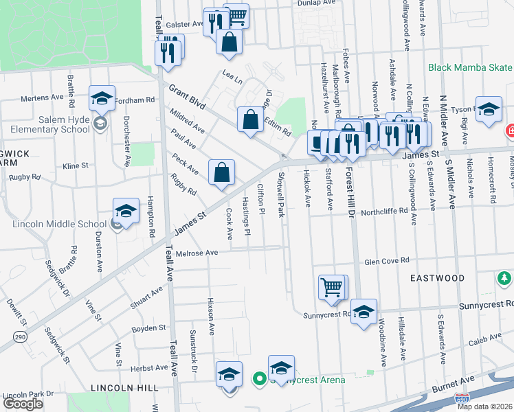 map of restaurants, bars, coffee shops, grocery stores, and more near 131 Hastings Place in Syracuse