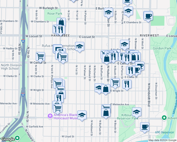 map of restaurants, bars, coffee shops, grocery stores, and more near 2633-2635 North Hubbard Street in Milwaukee