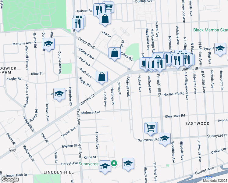map of restaurants, bars, coffee shops, grocery stores, and more near 131 Hastings Place in Syracuse