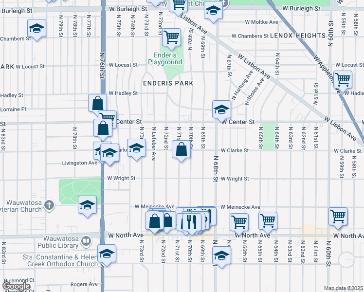 map of restaurants, bars, coffee shops, grocery stores, and more near 2608 North 71st Street in Wauwatosa