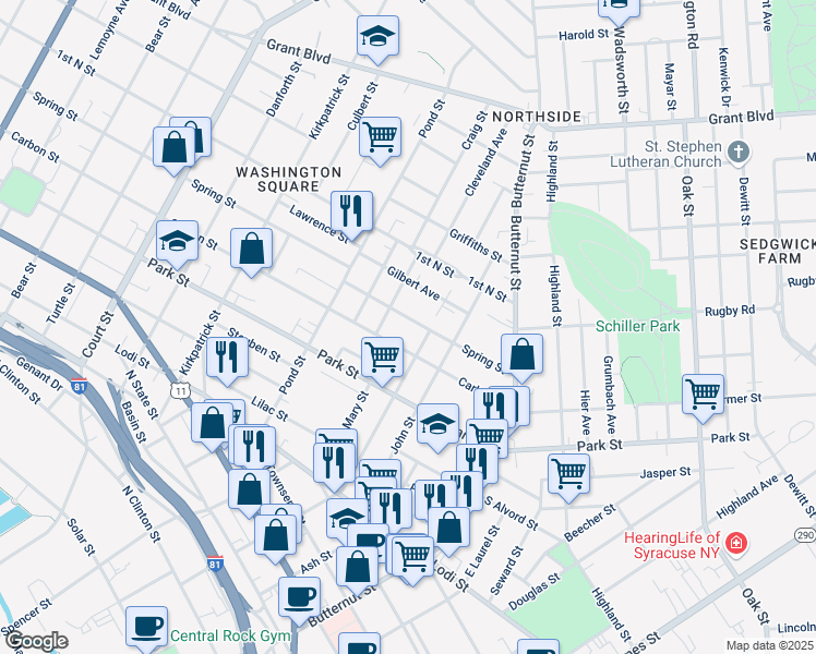map of restaurants, bars, coffee shops, grocery stores, and more near 307 Spring St in Syracuse