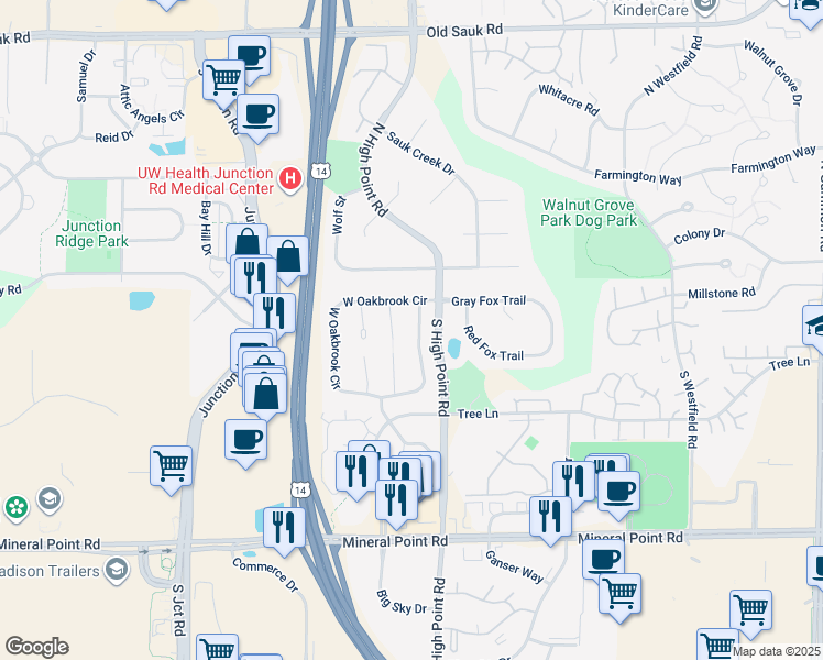 map of restaurants, bars, coffee shops, grocery stores, and more near 7818 East Oakbrook Circle in Madison