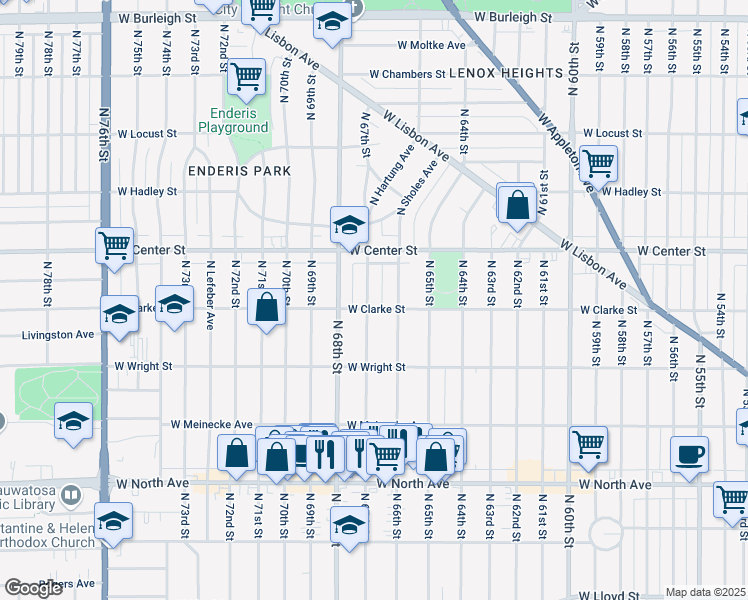 map of restaurants, bars, coffee shops, grocery stores, and more near 2608 North 67th Street in Wauwatosa