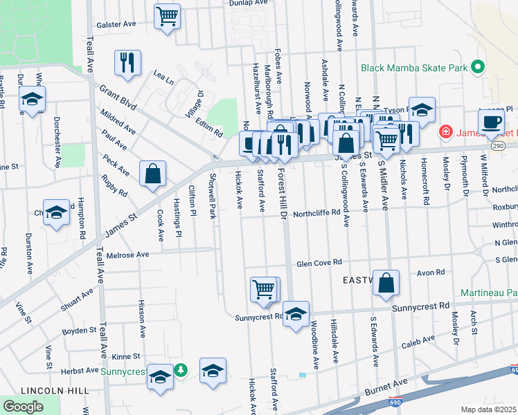 map of restaurants, bars, coffee shops, grocery stores, and more near 172 Stafford Avenue in Syracuse