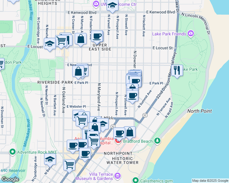 map of restaurants, bars, coffee shops, grocery stores, and more near 2609 North Prospect Avenue in Milwaukee