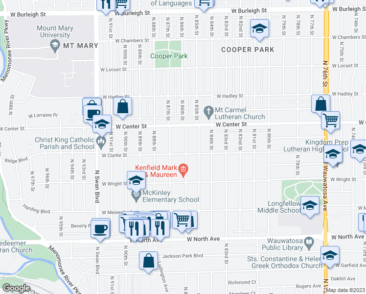 map of restaurants, bars, coffee shops, grocery stores, and more near 2617 North 86th Street in Wauwatosa