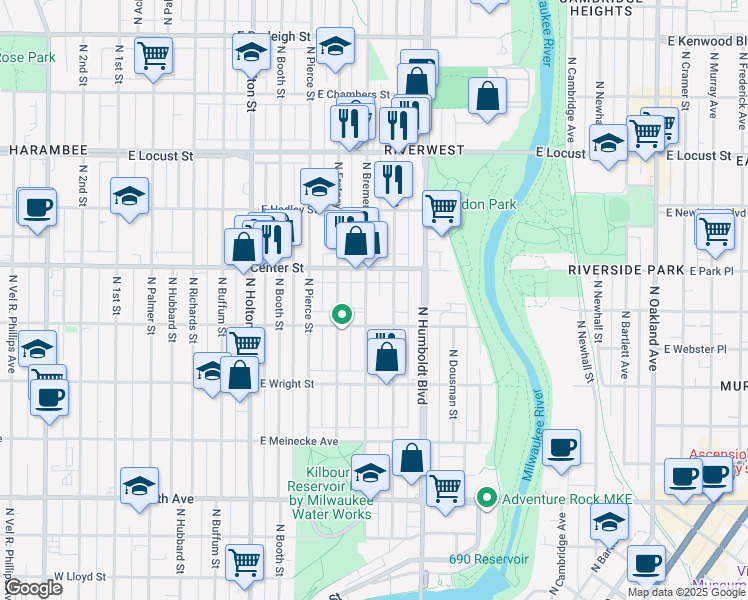 map of restaurants, bars, coffee shops, grocery stores, and more near 2634 North Bremen Street in Milwaukee