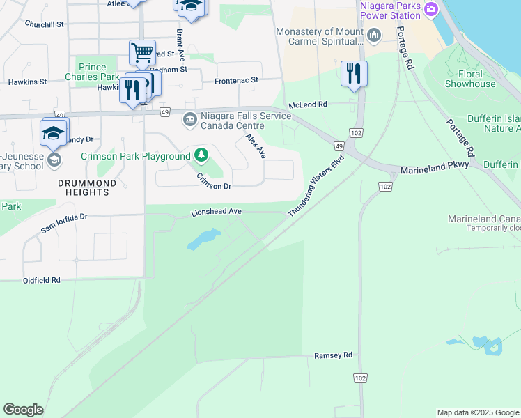 map of restaurants, bars, coffee shops, grocery stores, and more near 7211 Lionshead Avenue in Niagara Falls
