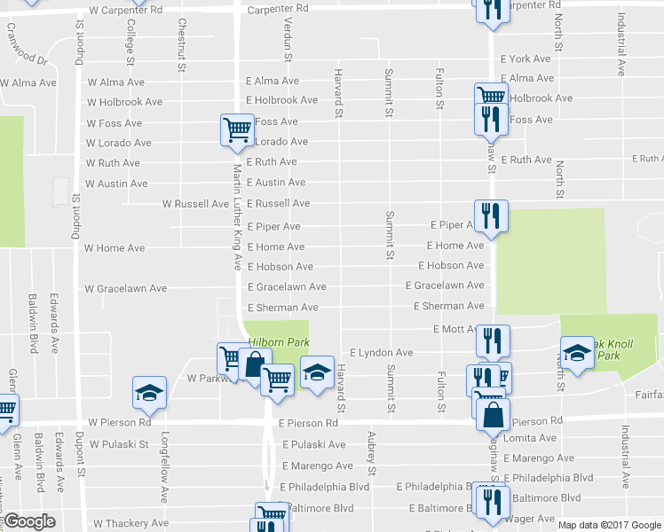 map of restaurants, bars, coffee shops, grocery stores, and more near 257 East Hobson Avenue in Flint