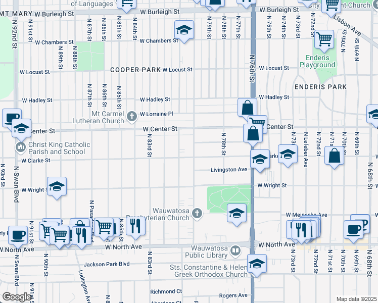 map of restaurants, bars, coffee shops, grocery stores, and more near 2609 North 80th Street in Wauwatosa