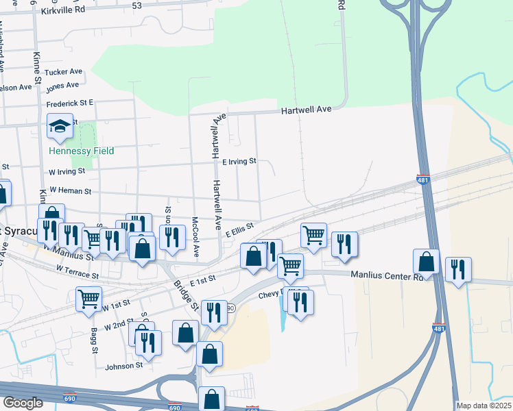 map of restaurants, bars, coffee shops, grocery stores, and more near 416 East Heman Street in East Syracuse