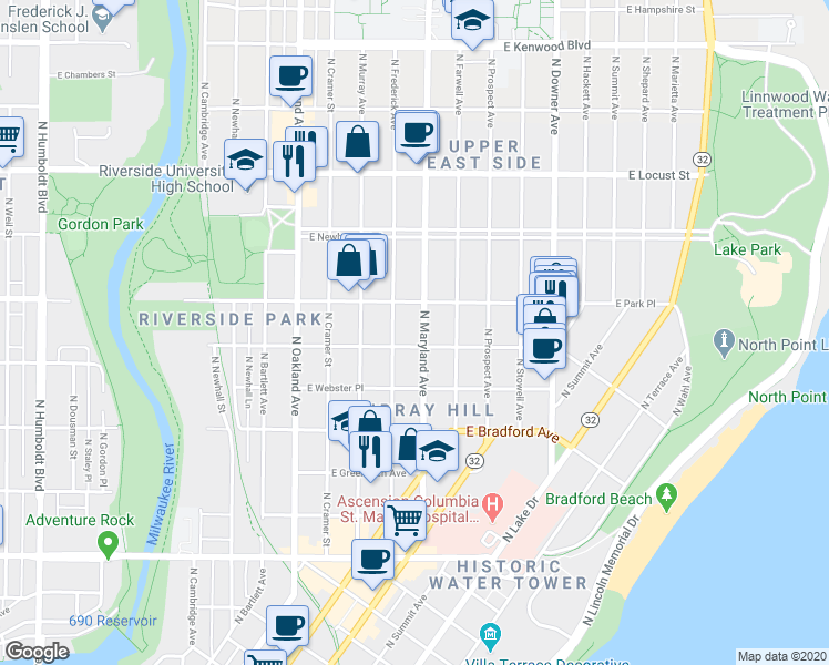 map of restaurants, bars, coffee shops, grocery stores, and more near 2615 North Maryland Avenue in Milwaukee