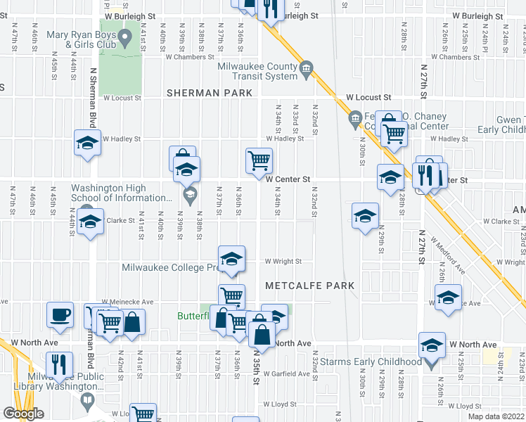 map of restaurants, bars, coffee shops, grocery stores, and more near 2614 North 35th Street in Milwaukee