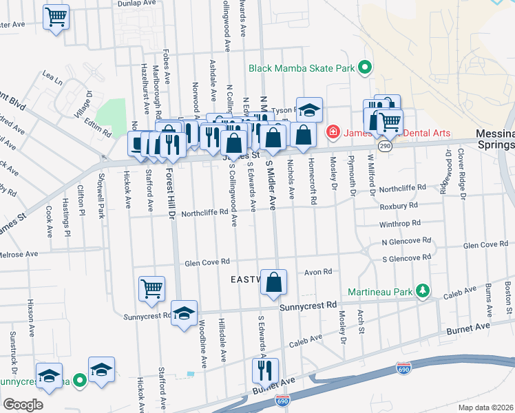 map of restaurants, bars, coffee shops, grocery stores, and more near 703 Northcliffe Road in Syracuse
