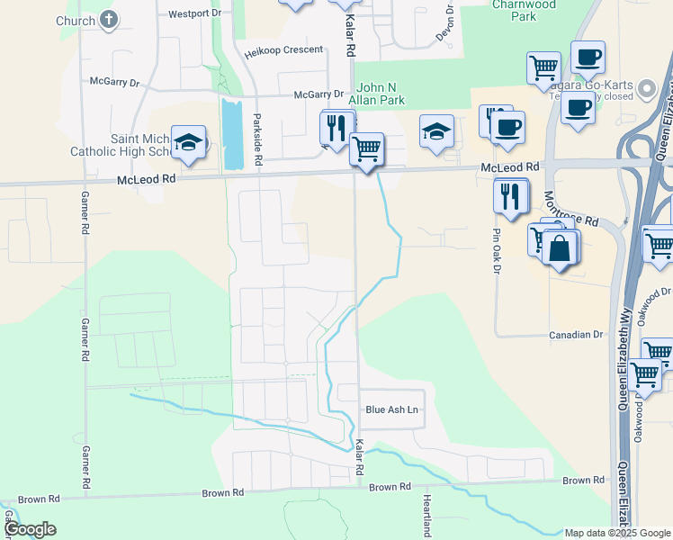map of restaurants, bars, coffee shops, grocery stores, and more near 8385 Elderberry Drive in Niagara Falls