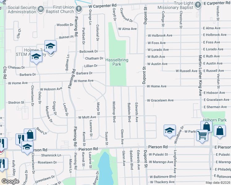map of restaurants, bars, coffee shops, grocery stores, and more near 5906 Winthrop Boulevard in Flint