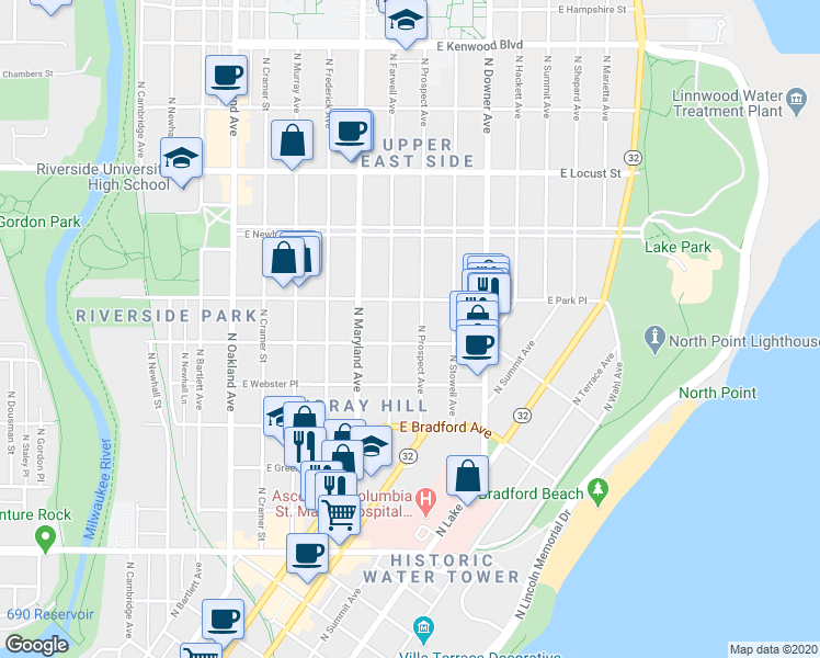 map of restaurants, bars, coffee shops, grocery stores, and more near 2614 North Prospect Avenue in Milwaukee