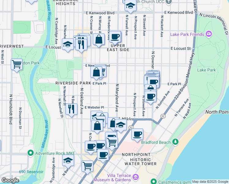 map of restaurants, bars, coffee shops, grocery stores, and more near 2615 North Maryland Avenue in Milwaukee