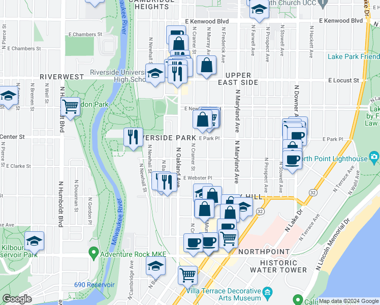 map of restaurants, bars, coffee shops, grocery stores, and more near 1904 East Belleview Place in Milwaukee