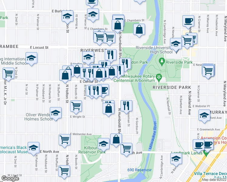 map of restaurants, bars, coffee shops, grocery stores, and more near 2639 North Humboldt Boulevard in Milwaukee