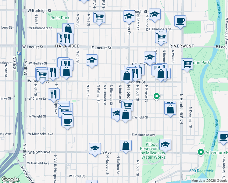 map of restaurants, bars, coffee shops, grocery stores, and more near 2636 North Richards Street in Milwaukee