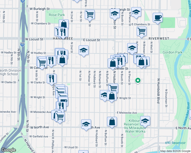 map of restaurants, bars, coffee shops, grocery stores, and more near 2633-2635 North Hubbard Street in Milwaukee