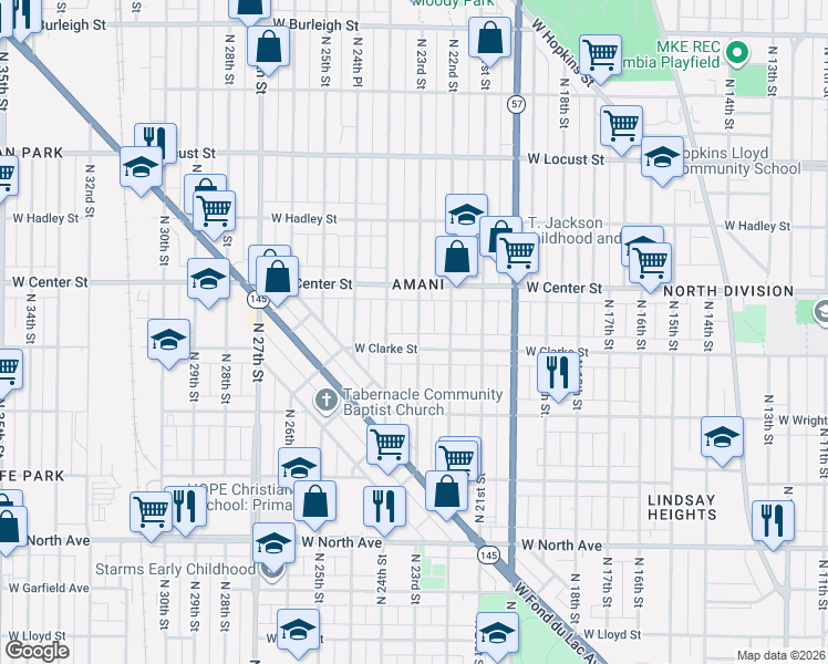 map of restaurants, bars, coffee shops, grocery stores, and more near 2618 North 24th Street in Milwaukee