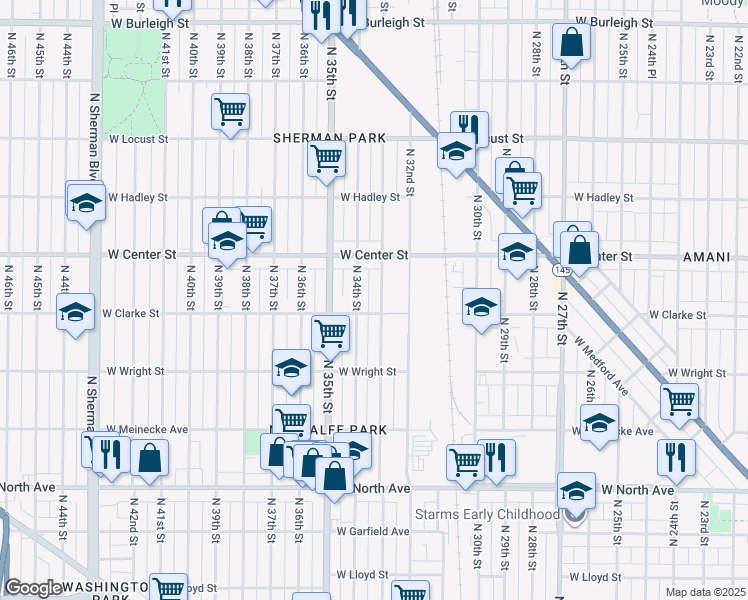 map of restaurants, bars, coffee shops, grocery stores, and more near 2619 North 33rd Street in Milwaukee
