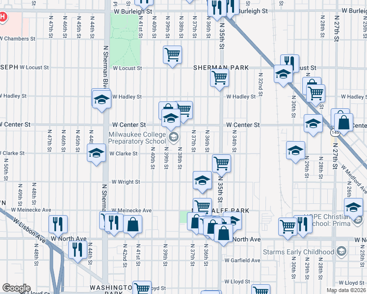 map of restaurants, bars, coffee shops, grocery stores, and more near 2617 North 37th Street in Milwaukee