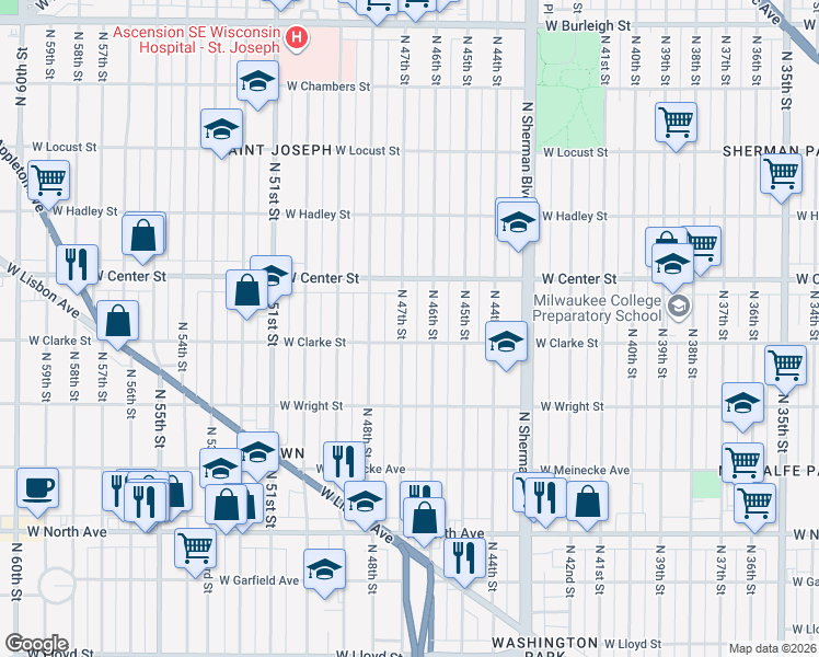 map of restaurants, bars, coffee shops, grocery stores, and more near 2612 North 47th Street in Milwaukee