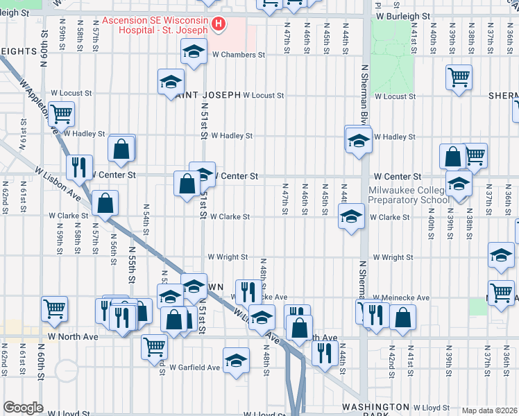 map of restaurants, bars, coffee shops, grocery stores, and more near 2614 North 48th Street in Milwaukee
