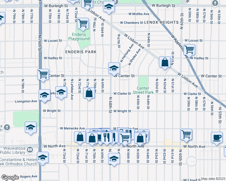 map of restaurants, bars, coffee shops, grocery stores, and more near 2609 North 68th Street in Wauwatosa
