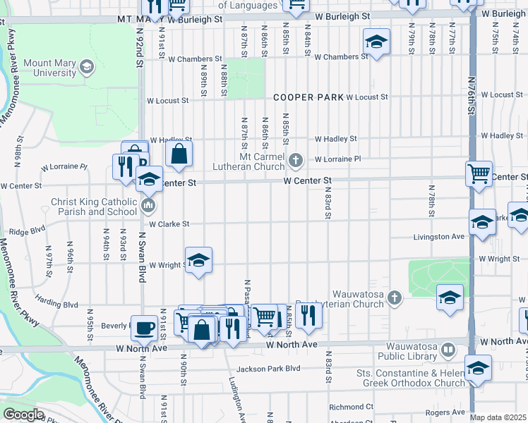 map of restaurants, bars, coffee shops, grocery stores, and more near 2617 North 86th Street in Wauwatosa
