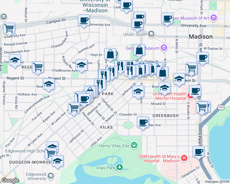 map of restaurants, bars, coffee shops, grocery stores, and more near 909 Oakland Avenue in Madison