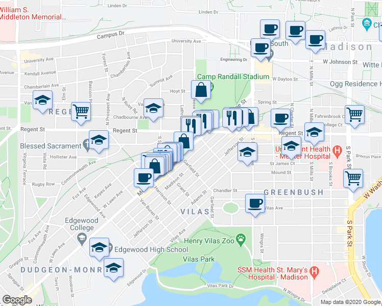 map of restaurants, bars, coffee shops, grocery stores, and more near 1610 Madison Street in Madison