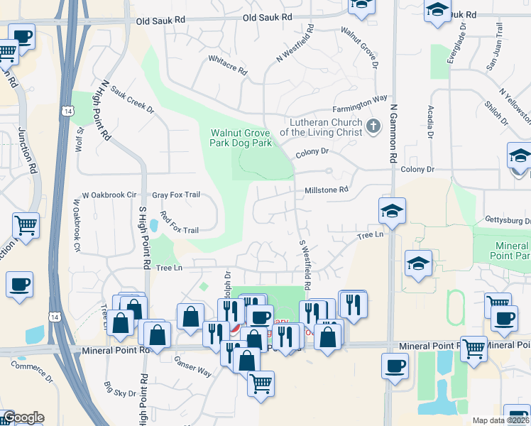 map of restaurants, bars, coffee shops, grocery stores, and more near 57 Oak Creek Trail in Madison