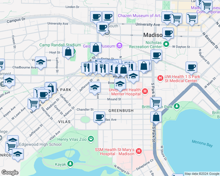 map of restaurants, bars, coffee shops, grocery stores, and more near 44 South Orchard Street in Madison