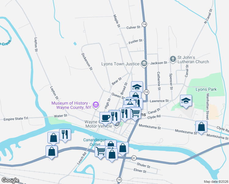 map of restaurants, bars, coffee shops, grocery stores, and more near 22 Queen Street in Lyons