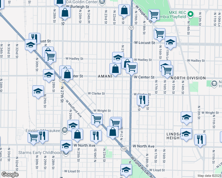 map of restaurants, bars, coffee shops, grocery stores, and more near 2621 North 22nd Street in Milwaukee