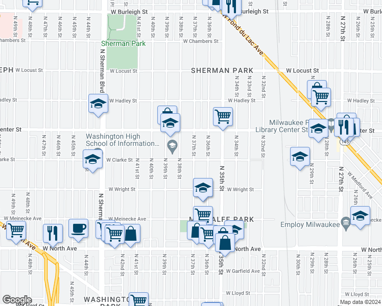 map of restaurants, bars, coffee shops, grocery stores, and more near 2617 North 37th Street in Milwaukee