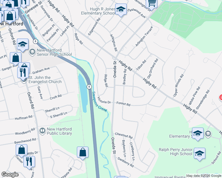 map of restaurants, bars, coffee shops, grocery stores, and more near 186 Ridge Road in Utica