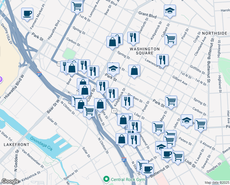 map of restaurants, bars, coffee shops, grocery stores, and more near 810 North Alvord Street in Syracuse