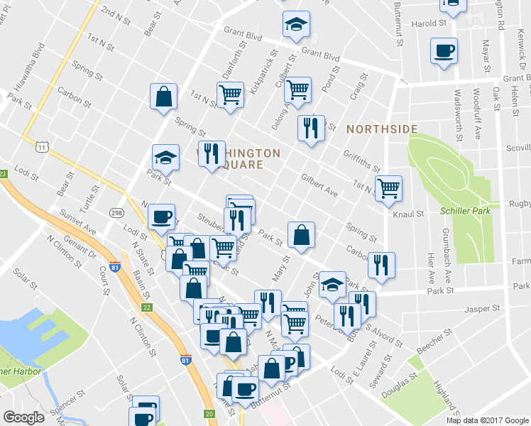 map of restaurants, bars, coffee shops, grocery stores, and more near 514 Pond Street in Syracuse
