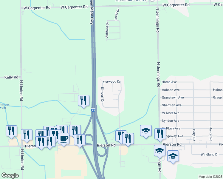 map of restaurants, bars, coffee shops, grocery stores, and more near 4239 Cascade Court in Flint