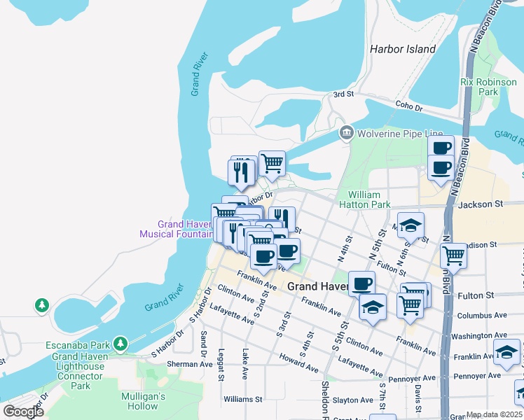 map of restaurants, bars, coffee shops, grocery stores, and more near 214 North Harbor Drive in Grand Haven